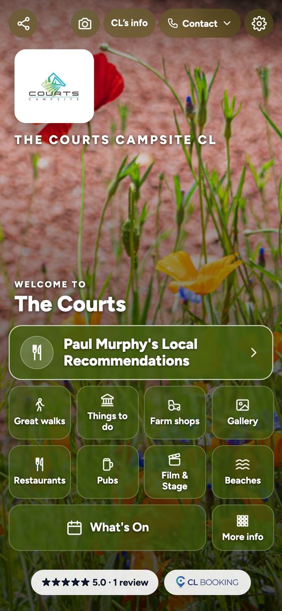 An app’s home screen with the logo, home photo, gallery button and colours marked